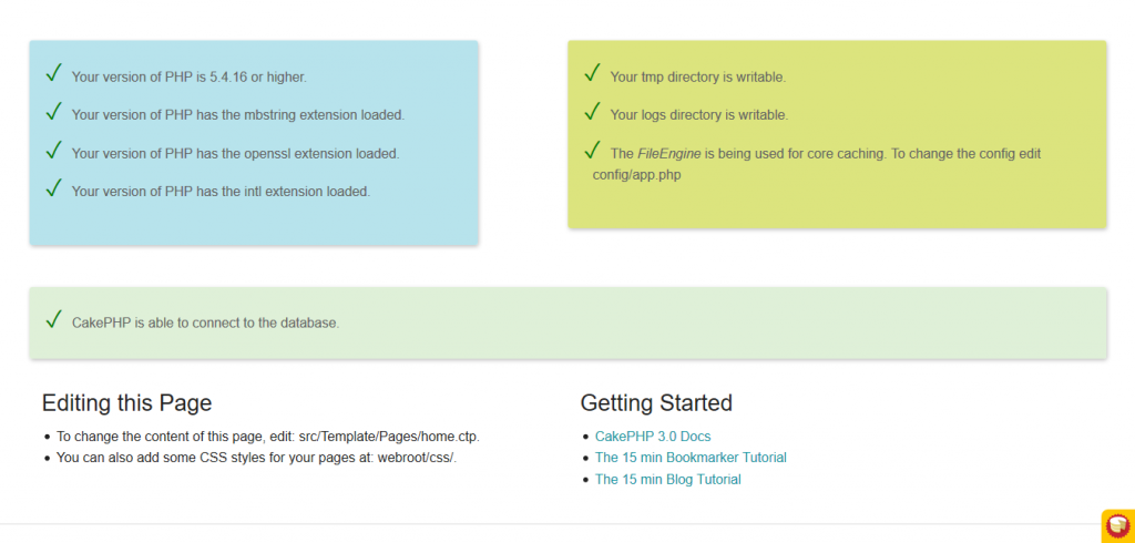 CakePHP 3.x Installation output with databse