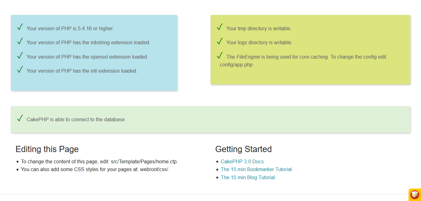 CakePHP 3.x Installation output with databse