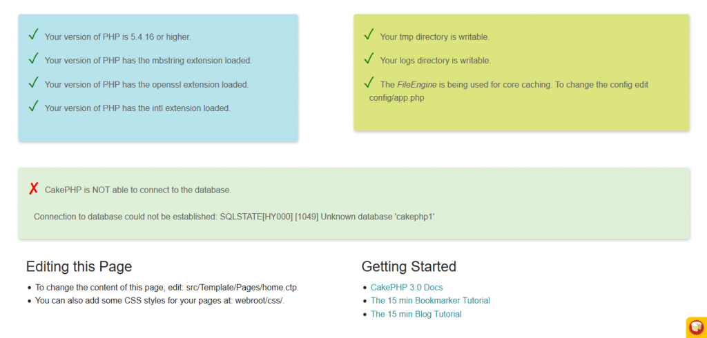 CakePHP 3.x Installation output without databse