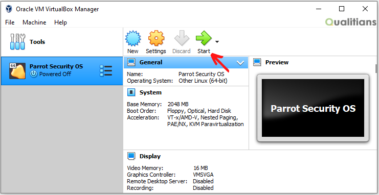 VirtualBox Manager Parrot OS Start