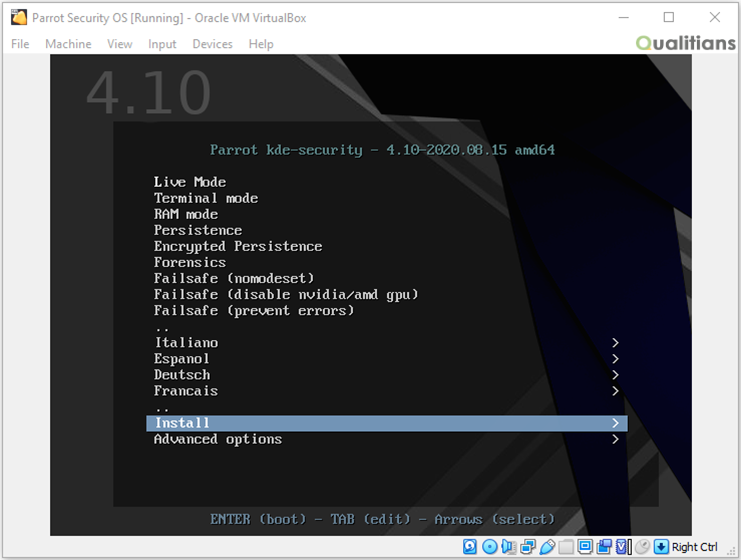 Parrot OS Install Screen