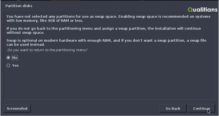 Partition Disks - Select NO to skip configuring swap space