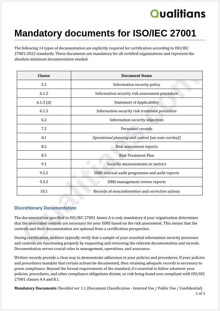 Preview of mandatory documents checklist for ISO/IEC 27001 certification