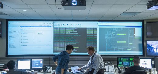 SIEM dashboard with security alerts and logs.